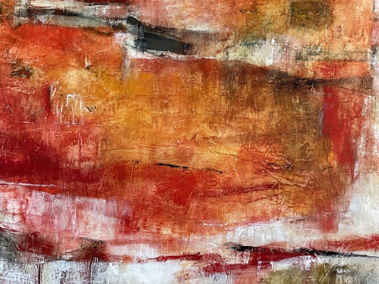Abstract painting with broad brushstrokes in warm tones of red, orange, and yellow, accented with white and black patches. The texture is rough and layered.