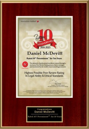 A plaque honoring Daniel McDevitt for ten years of AV Preeminent peer review rating from Martindale-Hubbell, 2013-2023, in legal ability and ethical standards.
