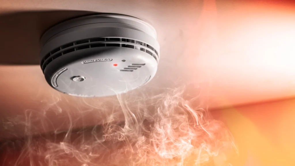 A smoke detector on a ceiling is emitting a red light with visible smoke rising below it.