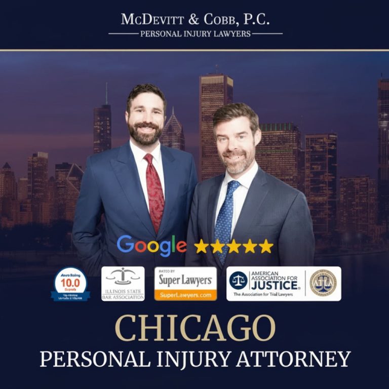 Two men in suits stand in front of a city skyline backdrop with law firm logos, Google 5-star rating, and text reading "Chicago Personal Injury Attorney.