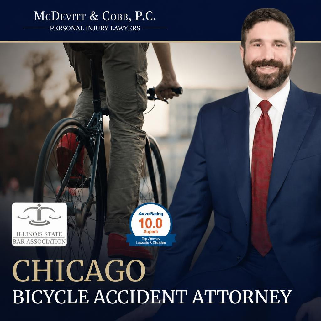 A man in a suit sits smiling next to an image of a bicyclist; text reads "Chicago Bicycle Accident Attorney" and includes law firm and association logos.