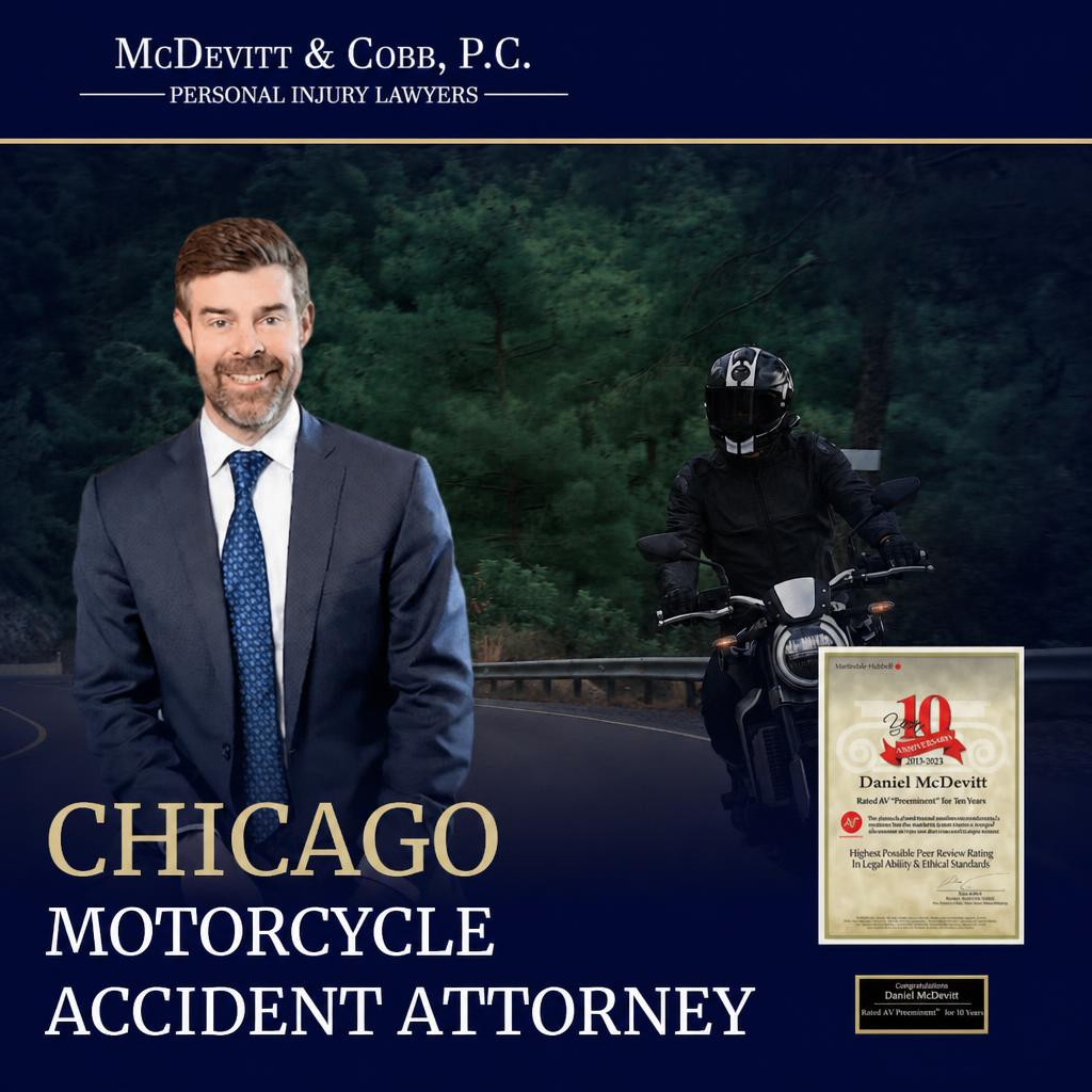 A bearded man in a suit stands beside a photo of a motorcyclist on a road, with text promoting McDevitt & Cobb, P.C. as Chicago motorcycle accident attorneys.