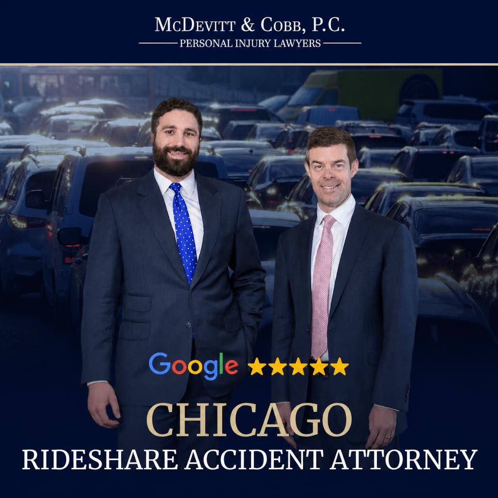Two men in suits stand in front of a busy traffic scene with text promoting McDevitt & Cobb, P.C. as Chicago rideshare accident attorneys with a five-star Google rating.