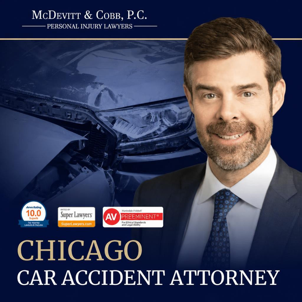A man in a suit is pictured next to a car with a damaged front end. Text reads: “Chicago Car Accident Attorney, McDevitt & Cobb, P.C., Personal Injury Lawyers.”.