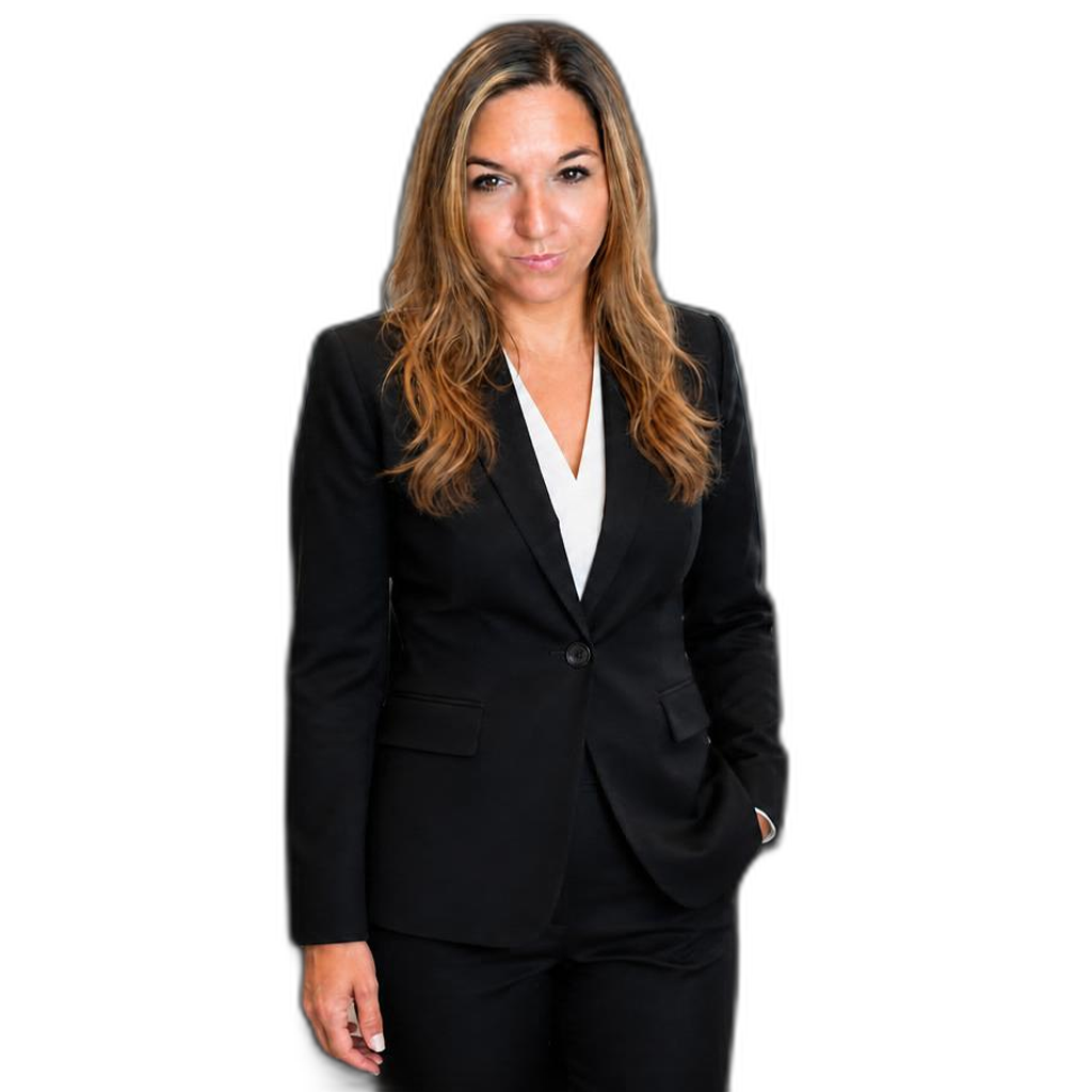 A woman with long brown hair wearing a black suit and white blouse stands against a plain white background, with one hand in her pocket.