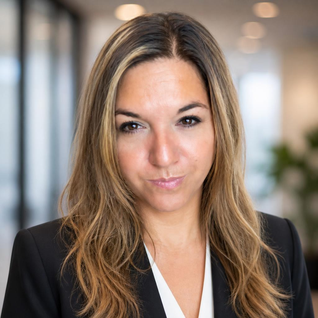 A woman with long, light brown hair wearing a black blazer and white top stands indoors with a neutral expression. The background is blurred, showing office decor.